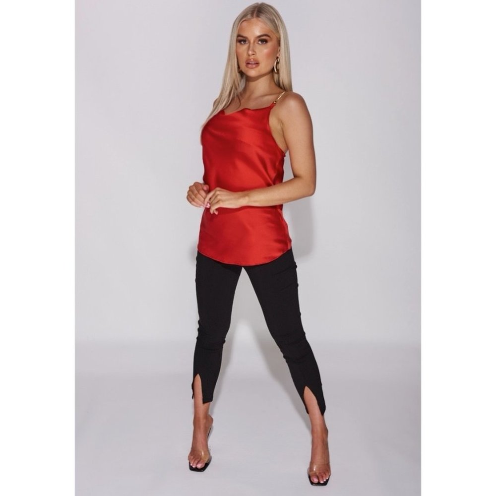 Red Satin Silk Sleeveless Chain Strap Cowl Neck Top Blouse - Picture 2 of 11